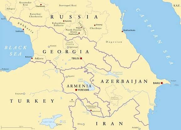 Kavkaz, nebo Kavkaz, politická mapa. Oblast mezi Černým a Kaspickým mořem, okupovaná hlavně Arménií, Ázerbájdžánem, Gruzií a částmi jižního Ruska, se spornými oblastmi. Vektor — Ilustrace