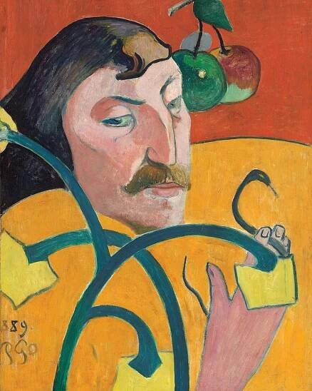 Painted stylized self-portrait of man's face with dark hair and mustache, surrounded by vines, fruit, and orange and yellow fields of color.