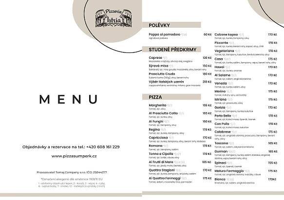 Jídelní menu restaurace Pizzeria Istria Šumperk
