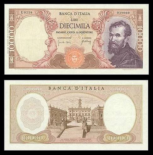 10000 lir - rub a líc bankovky vydané v roce 1962