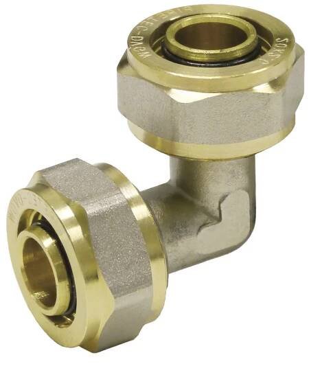 Svěrná úhlová spojka 90° na vícevrstvé hliníkové spojovací trubky, 16x2 mm