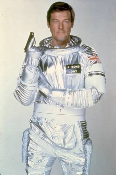 Actor Roger Moore on the set of "Moonraker". 