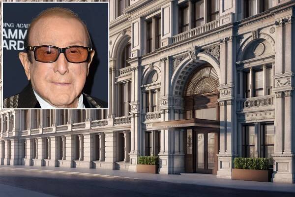 Clive Davis inset over an exterior shot of 108 Leonard Street in Tribeca.