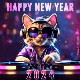 Groovy beats and cool vibes: DJ Cat wishes you a Happy New Year 2024 - GIF and Video with music