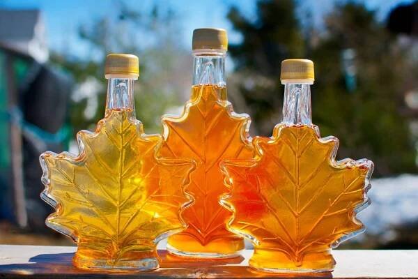 picture of three bottles of maple syrup shaped like maple leaves
