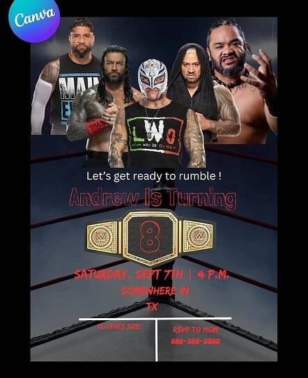 Wwe invitation , party invitation , birthday party, editable template, Canva design, wrestling, wrestling invitation , digital file