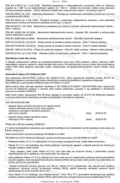 ČSN 33 2000-4-41 ed. 3 (332000) - Elektrické instalace nízkého napětí - Část 4-41: Ochranná opatření pro zajištění bezpečnosti