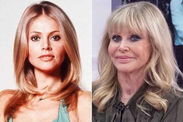 Britt Ekland pictured (left) in 1974 and (right) in 2020