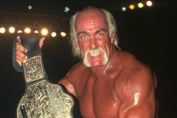 BOISE, IDAHO - AUGUST 9: Hulk Hogan poses with the World Heavyweight Championship Title during WCW Monday Nitro on August 9, 1999 in the Idaho Center in Boise, Idaho.
