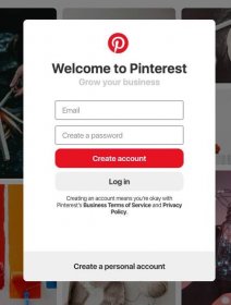 Screen capture of Pinterest login screen with email and password fields, create account and log in buttons