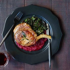 Pork Chops in Sage Butter with Beet Puree and Swiss Chard