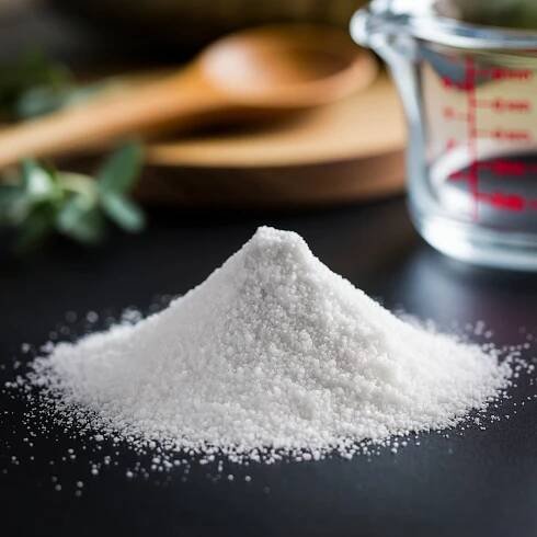 Kategorie jídlo, Erythritol na černém povrchu s nástroji, ganache, ilustrační obrázek