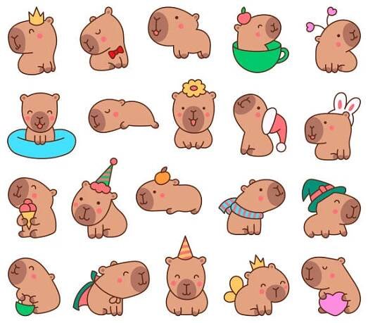 roztomilá kreslená kapybara kawaii. zvířecí legrační postavičky. ručně kreslený styl. vektorová kresba. kolekce designových prvků. - kapybara stock ilustrace