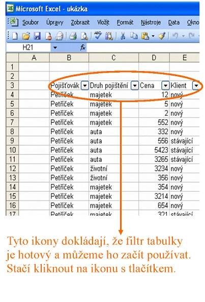 Excel vytvoření filtru dat
