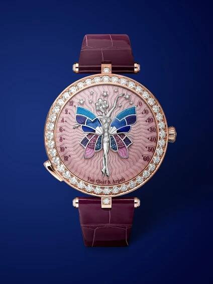 Lady Arpels Ballerine Enchantée Or Rose watch, 18K rose gold, rhodium plated 18K white gold, diamonds, enamel, self-winding mechanical movement equipped with a retrograde time on demand module. Watch sold with two interchangeable straps and one interchangeable pin buckle set with diamonds. Poetic Complications Collection, Van Cleef & Arpels.
