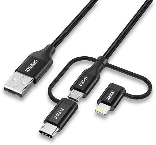 Choetech 1.2m MFI 3-in-1 usb-A to type-c+micro+lightening nylon cable