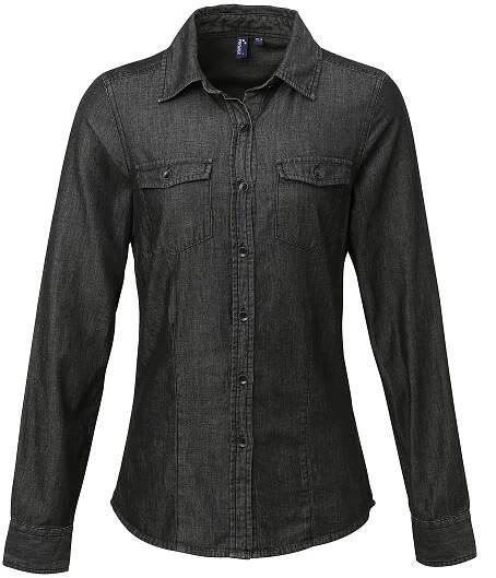 Dámská košile s dlouhým rukávem Premier Workwear Women ́s Jeans Stitch Denim Shirt Black Denim