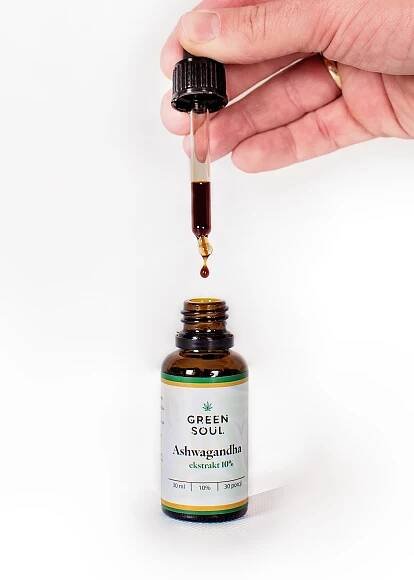 ASHWAGANDHA KAPKY SILNÝ EXTRAKT 10% VITANOLIDŮ STRES PAMĚŤ SPÁNEK 30 ML Značka Green Soul