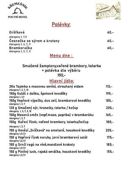 Hotel Křemešník - Jidelní lístek