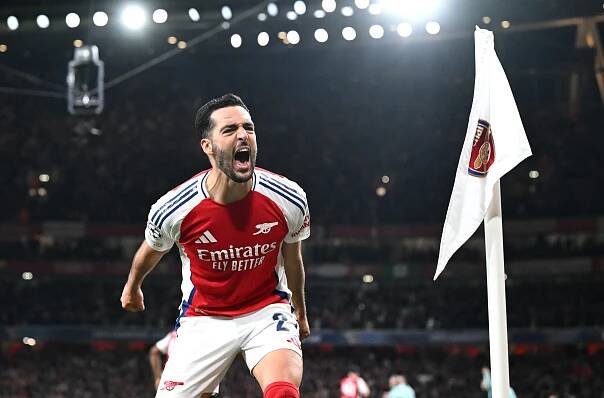 Mikel Merino of Arsenal celebrating a goal.