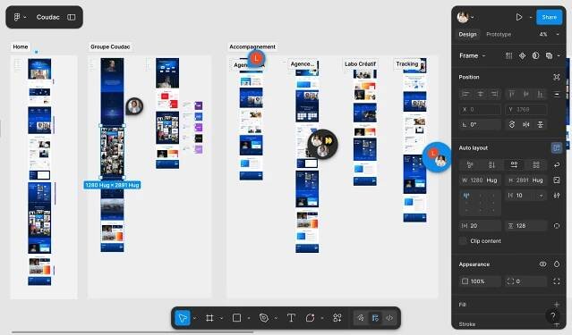 Screenshot of the Figma workspace showing the Coudac website project, including sections like “Home,” “Groupe,” “Support,” and “Tracking,” with multiple users collaborating live.
