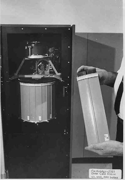 The IBM 2321 Data Cell carousel and cartridge