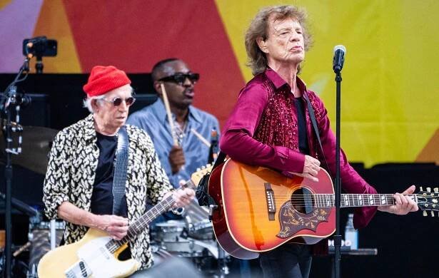 Keith Richards, Steve Jordan and Mick Jagger of the Rolling Stones perform on Day 5 of 2024 New Orleans Jazz & Heritage Festival at Fair Grounds Race Course on May 02, 2024 in New Orleans, Louisiana.