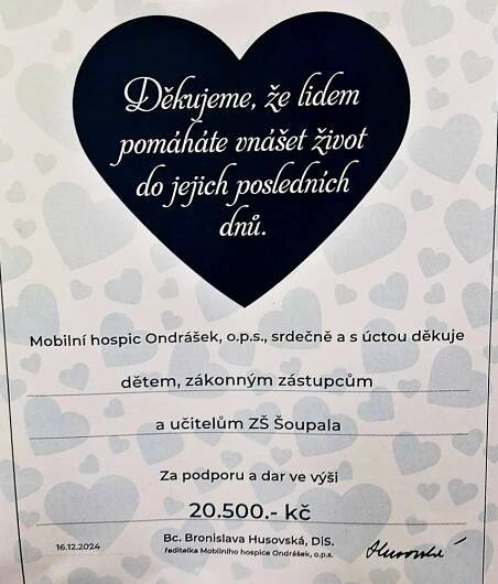 Sbírka pro Mobilní hospic Ondrášek | Základní škola J. Šoupala 1609