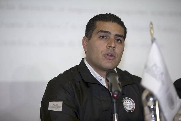Omar Garcia Harfuch speaks during a press conference at the Mexican embassy in Guatemala City. Mexico City