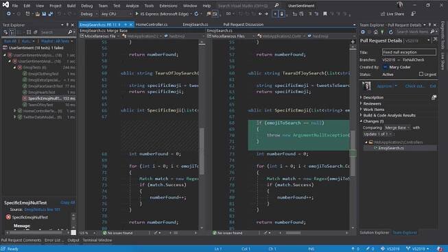 The new Pull Requests extension in Visual Studio 2019.