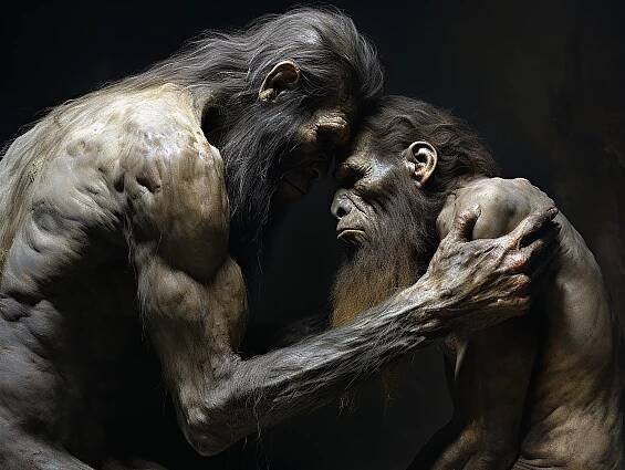 Bezplatný obrázek: Grafické znázornění objímání primitivních prehistorických neandrtálců