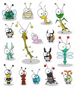 Stáhnout - Nějaký kreslený hmyz (beruška, moucha, cikáda, scolopendra, kudlanka, stick hmyz, červ, komár, vážky, vosa, mravence, kobylku, brouci). — Ilustrace