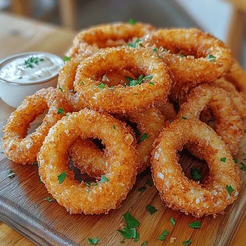 some onion rings on a cutting board with dip