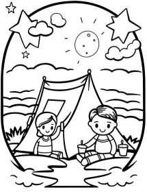 Summer Camping Under the Stars Coloring Page - A family camping scene with a tent, a campfire, and a clear night sky full of stars.