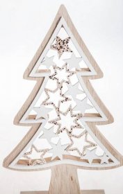 Dekorační vánoční stromek na podstavci, dřevěný, výška 21 cm, hnědo - bílý | ZAZUMi.cz