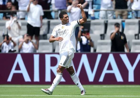 Jude Bellingham celebrates after scoring during the Real Madrid-Pachuca match on June 22, 2025. 