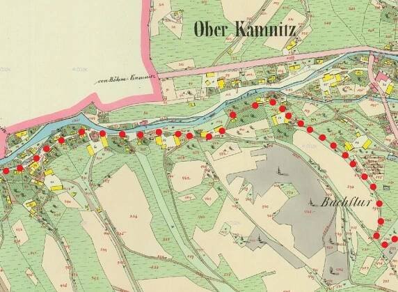 Obr. 9 Mapa stabilního katastru Horní Kamenice z roku 1843 s naznačenou trasou středověké cesty (https://ags.cuzk.cz/archiv/)