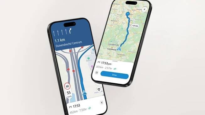 Two smartphones displaying navigation apps; one shows a highway route, the other a map with a marked path and distance details.
