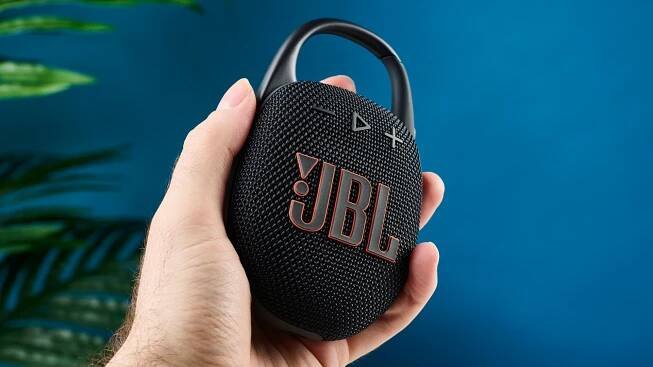A black JBL Clip 5 portable Bluetooth speaker