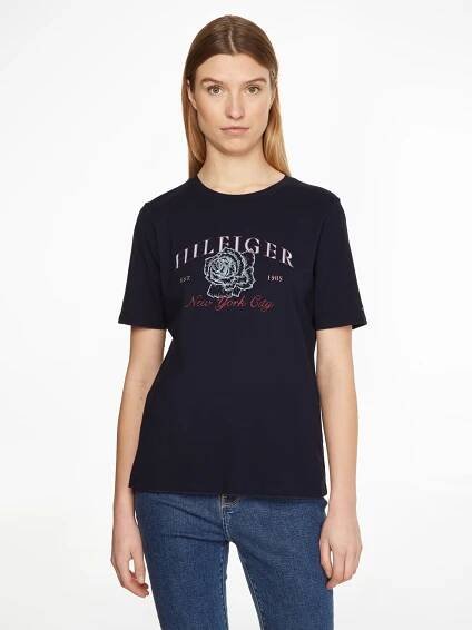 Tommy Hilfiger dámské tmavě modré tričko s potiskem - Tommy Hilfiger