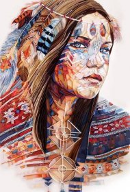 A quilled paper portrait of an Indigenous American woman with geometric symbols and feathers.