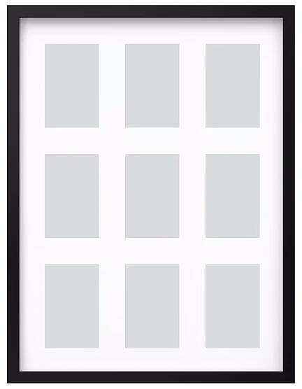 Černý rám na obrazy RÖDALM s rozložením mřížky 3x3, moderní design, pro fotografie 4x6.