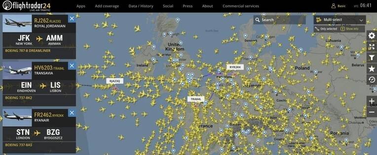 Sledováníletů na online mapě Flightradaru24
