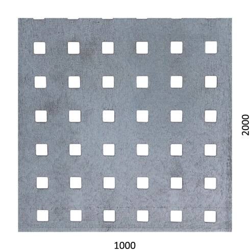 Děrovaný plech čtvercový řadový Zn, otvor: 10x10 mm, rozteč: 20 mm (1000x2000x1,5 mm)