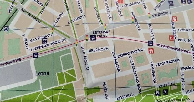 Pěší mapa Prahy v oblasti Letné