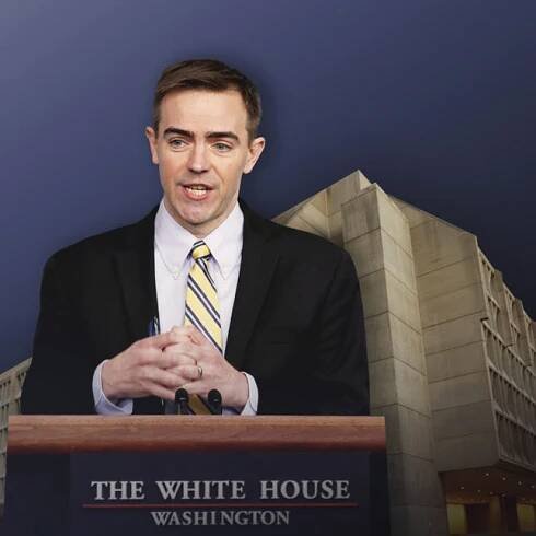 A cutout of Brad Smith speaking at a White House podium is layered on top of an HHS building, together against a gradient dark blue background -- Politics coverage from STAT