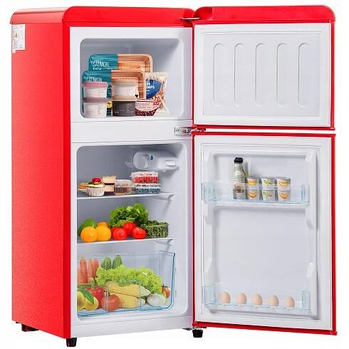 Retro lednice s mrazákem, 88,8 cm, 60 l, 22 l, 102 kWh/rok, LED, červená [E]