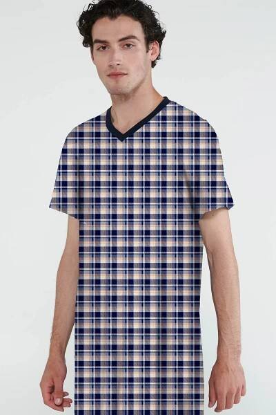 Vamp - Bavlněná kostkovaná pánská noční košile 20624 - Vamp blue oxford XL