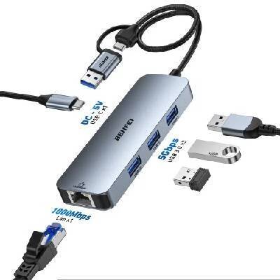 BENFEI USB-C na Gigabit Ethernet adaptér, 3-portový USB 3.0 hub s RJ45