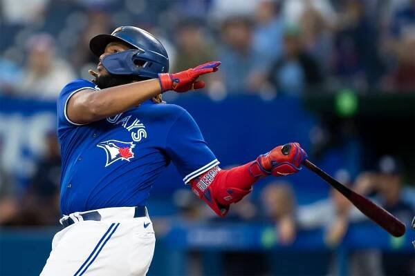 Vladimir Guerrero Jr. takes a huge swing.